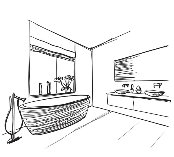 Baño dibujado a mano. Boceto de lavabo y ventana — Vector de stock