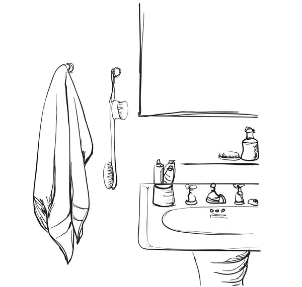 手には、浴室が描画されます。洗面台とミラーのスケッチ — ストックベクタ