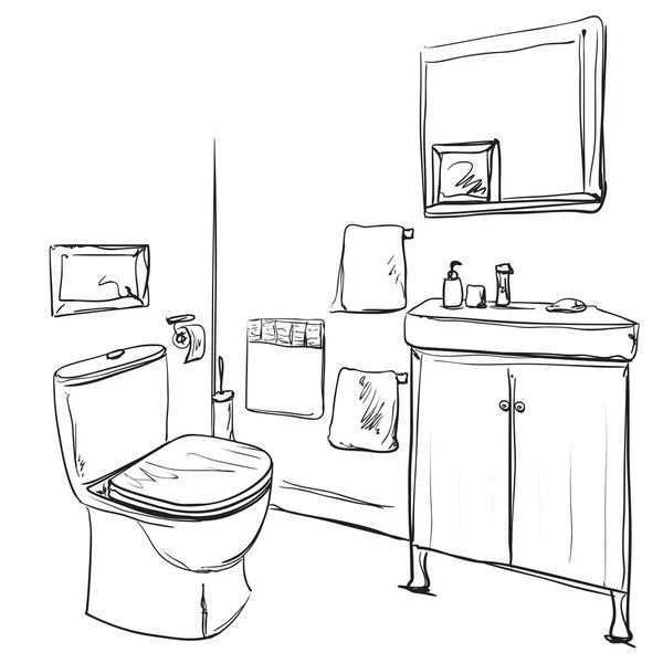 手には、浴室が描画されます。洗面台や家具のスケッチ — ストックベクタ