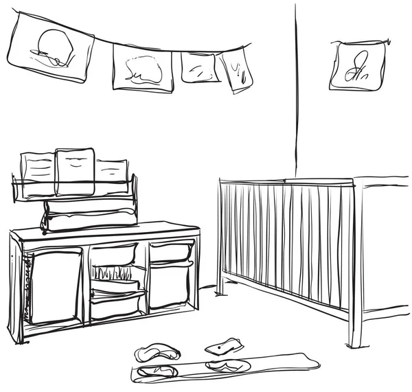 Chambre pour enfants dessinée à la main. Croquis de lit bébé — Image vectorielle