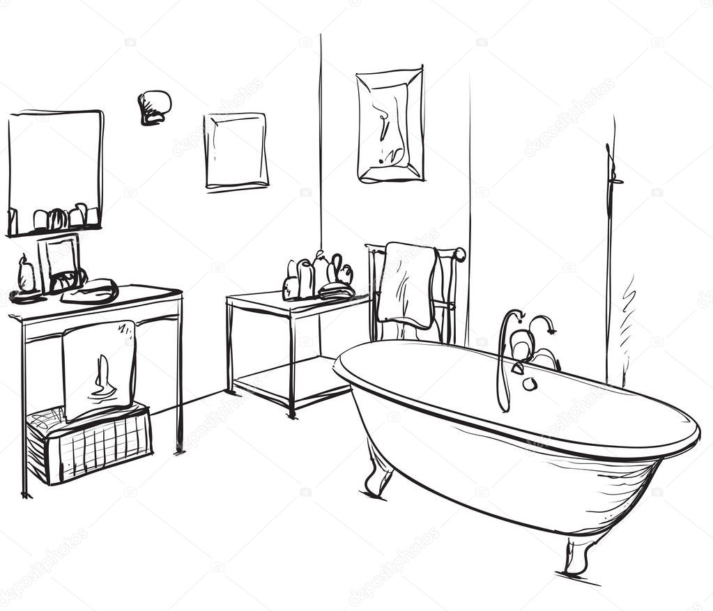 Lavabo de baño para dibujar | Mano dibuja el cuarto de baño. Bosquejo