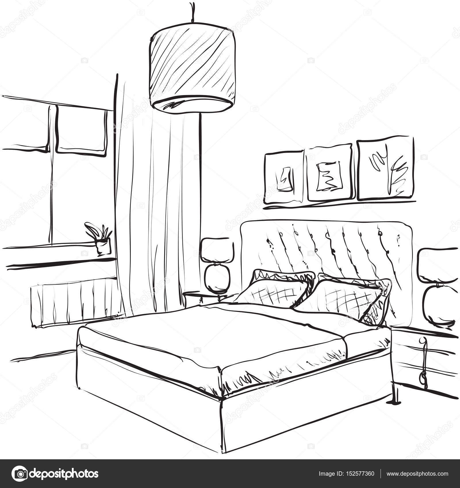 Bedroom Interior Sketch Hand Drawn Furniture Stock Vector