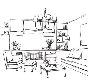 El çizimi oda içi çizimi. Mobilya