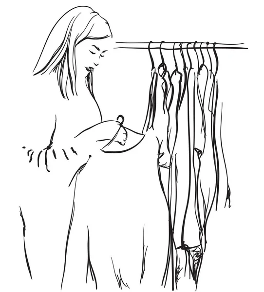 Kézzel rajzolt szekrény vázlat. Lány a ruhák kiválasztása. — Stock Vector