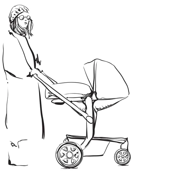 Giovane donna che cammina con il suo neonato. Schizzo carrozza bambino . — Vettoriale Stock
