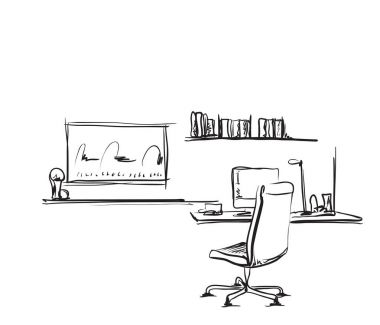 Bir bilgisayar veya işyeri ofis Resepsiyon el ile doodle tarzı çizilmiş.