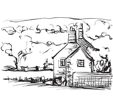 Bir alanlarının çizilen illüstrasyon el ve ev