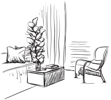 El çizimi oda içi çizimi. Mobilya