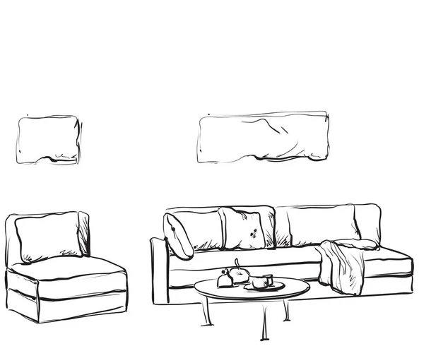 Handgezeichnete Rauminnenskizze. Möbel — Stockvektor