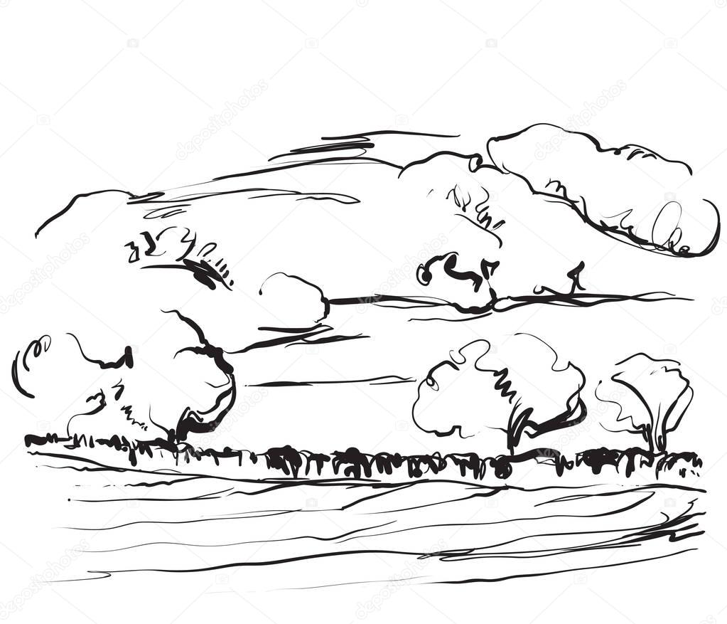 Landscape sketch drawing. Trees and mountains