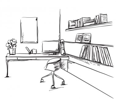 Bir bilgisayar veya işyeri ofis Resepsiyon el ile doodle tarzı çizilmiş.