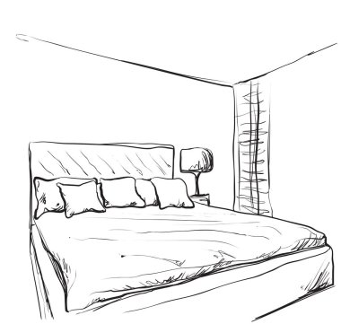 Yatak odası iç kroki. Elle çizilmiş mobilya