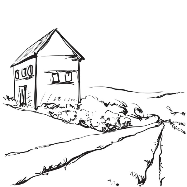 Ilustração desenhada à mão de um campo e casa —  Vetores de Stock