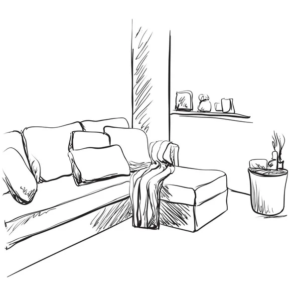 Ручной рисунок интерьера комнаты. Мебель — стоковый вектор