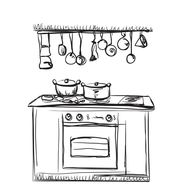 Dibujo interior de cocina, ilustración vectorial — Vector de stock