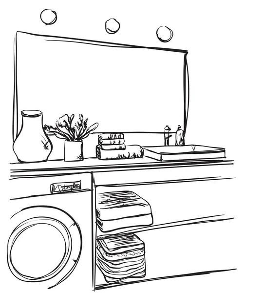 Banheiro desenhado à mão. Lavatório, espelho e outros móveis —  Vetores de Stock