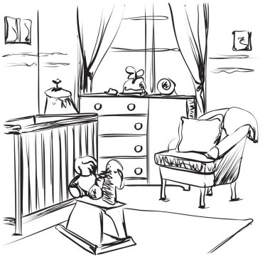 Çocuk odası el çekilmiş. Bebek yatak çizimi