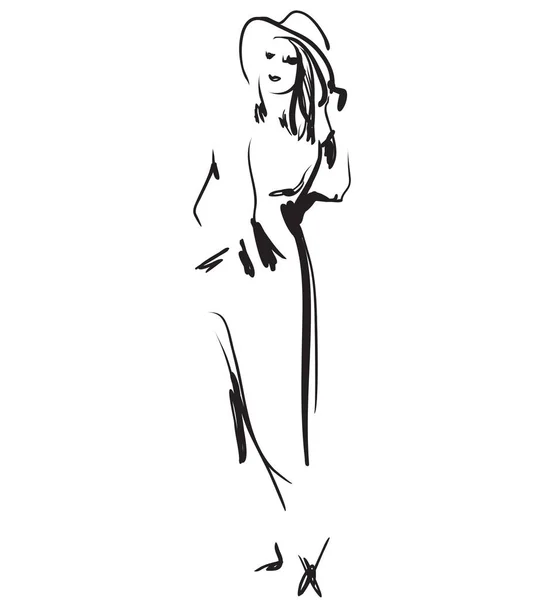 Desenho de modelos de moda. Mão desenhada menina dos desenhos animados no chapéu — Vetor de Stock