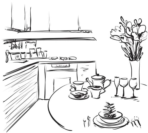 Mutfak iç çekme, vektör çizim. Yemek Masası