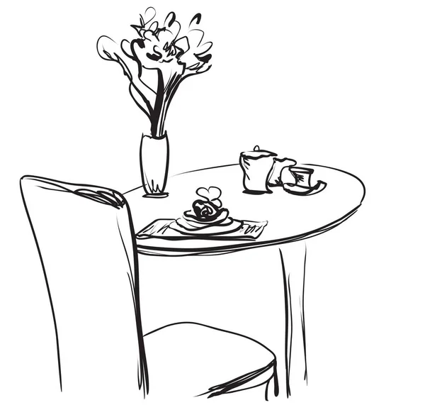 Tavolo da pranzo con caffè. Illustrazione vettoriale schizzo disegnato a mano . — Vettoriale Stock