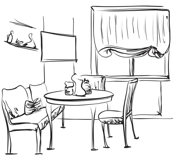 Table à manger avec café. Croquis intérieur . — Image vectorielle