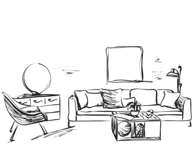 Elle çizilmiş oda iç kroki. Sandalye, Masa saksı