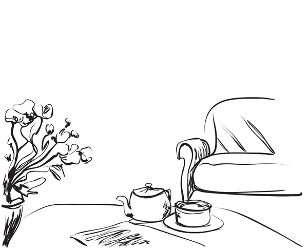 Mesa de jantar com café. Desenho à mão Desenho ilustração vetorial . — Vetor de Stock