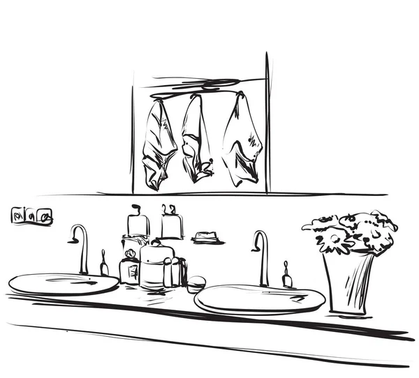 손으로 그린된 욕실 인테리어입니다. 거울, 기와 탭 스케치 — 스톡 벡터