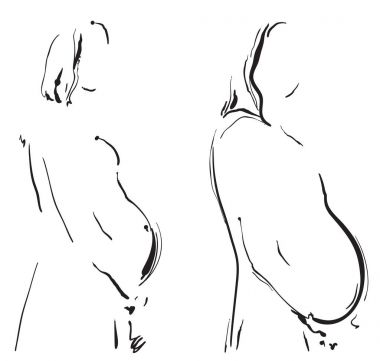 Hamile kadın. Hat sanatı karikatür vektör çizim el çekilmiş.