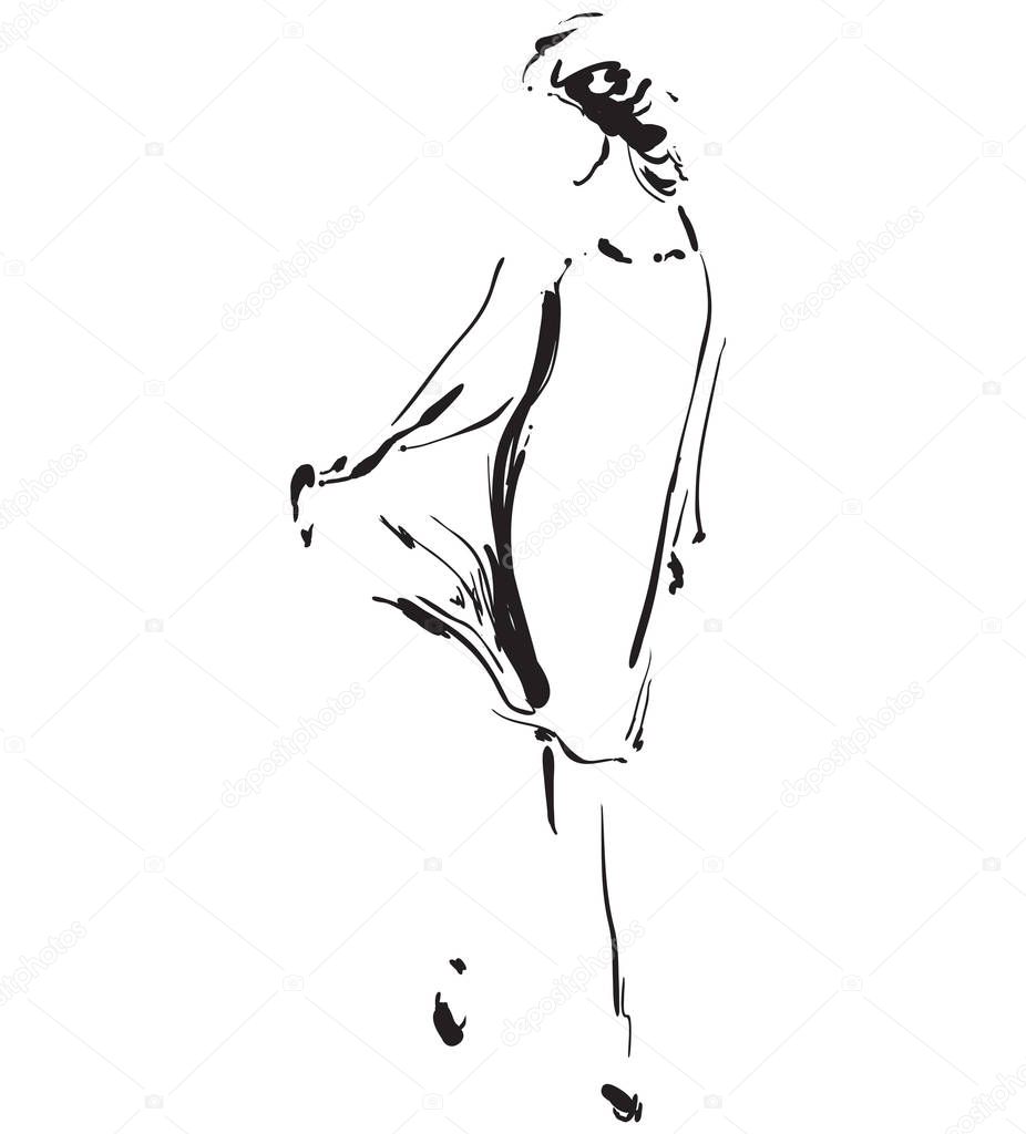 Black and white fashion model in sketch style. Hand drawn vector illustration