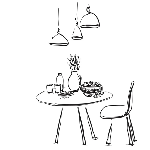 Esstisch mit Gläsern und Blume. Skizze Innenraum Illustration. — Stockvektor