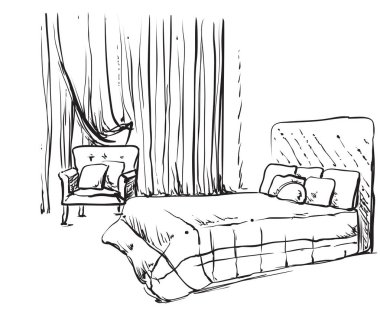 Yatak odası iç kroki. Mobilya ve yatak örtüsü