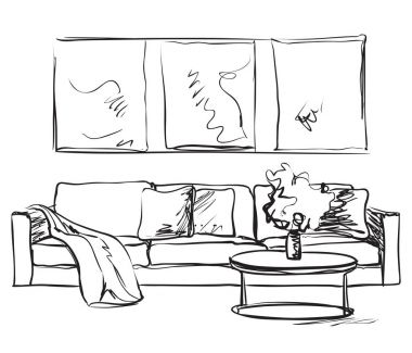 Modern iç Oda kroki. Elle çizilmiş kanepe.