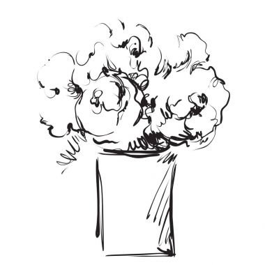 Çiçek ve bitki buket el ile çizilmiş. Tek renkli vektör çizim kroki tarzı.