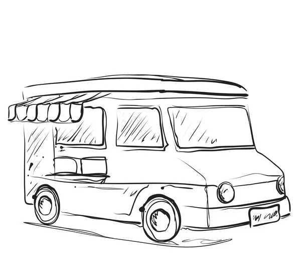 Mobiler Imbisswagen in der Küche. Monochrome Skizze. Foodtruck — Stockvektor