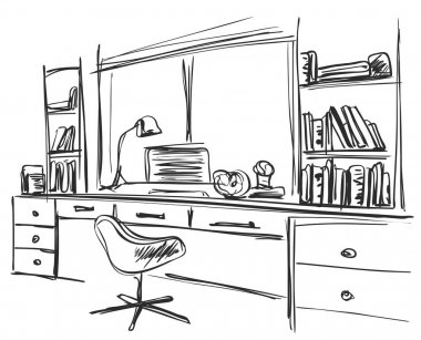 Elle çizilmiş işyeri. Ofis iç