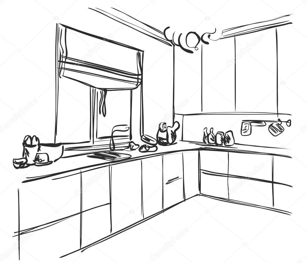 Dibujo interior de cocina, muebles para el hogar — Archivo Imágenes