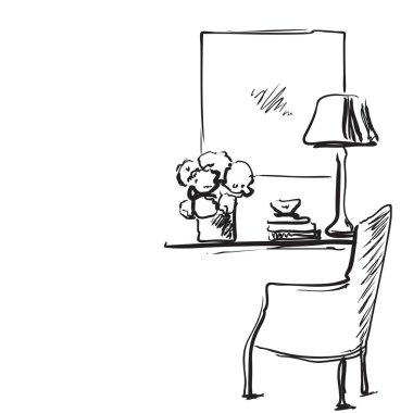 Elle çizilmiş odası iç. Sandalye ve lamba.