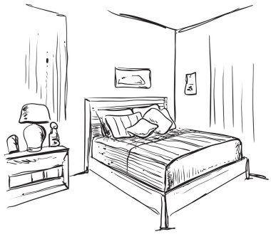 Yatak odası modern iç kroki. Elle çizilmiş mobilya