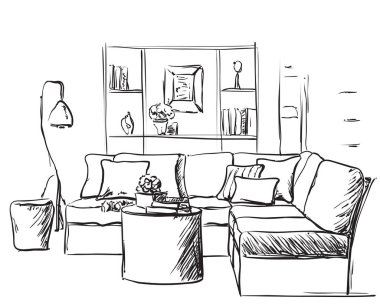 Modern iç kroki. El çizim kanepe ve lamba.