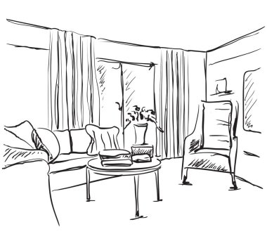 Modern iç kroki. El çizim mobilya.