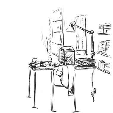 Elle çizilmiş işyeri. Kitap rafı ile iç