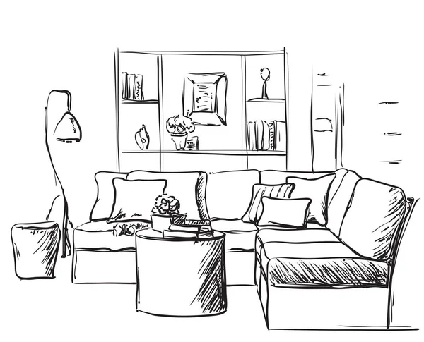 Modern iç kroki. El çizim kanepe ve lamba.