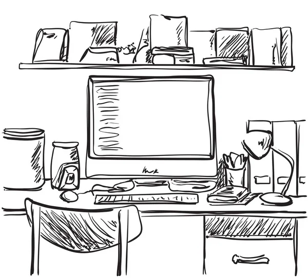 Χέρι στο χώρο εργασίας. Καρέκλα και υπολογιστή σκίτσο — Διανυσματικό Αρχείο
