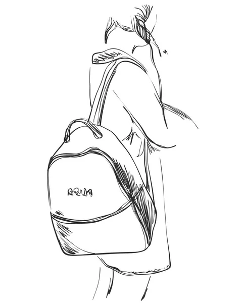 Boceto de colegiala con mochila desde atrás — Vector de stock