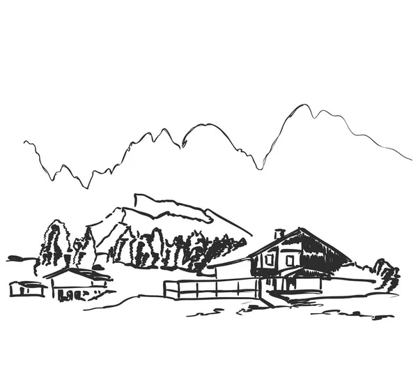 Векторне зображення. Пейзаж з полями і будинком серед пагорбів — стоковий вектор