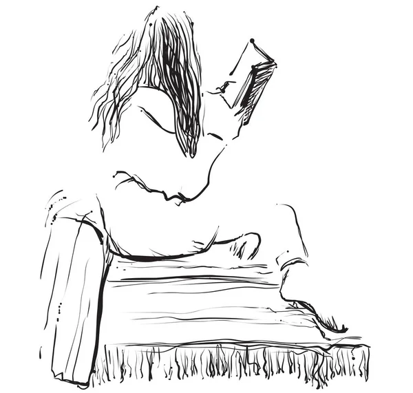 Bosquejo de la mujer leyendo libro , — Vector de stock