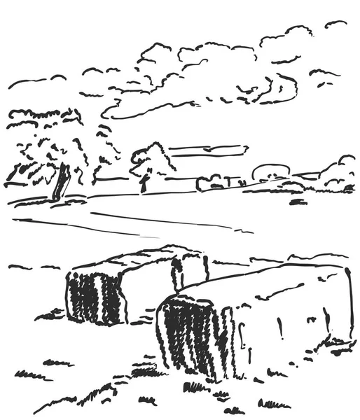 Сільський пейзаж з тюками сіна. Пшеничне поле та ферма . — стоковий вектор