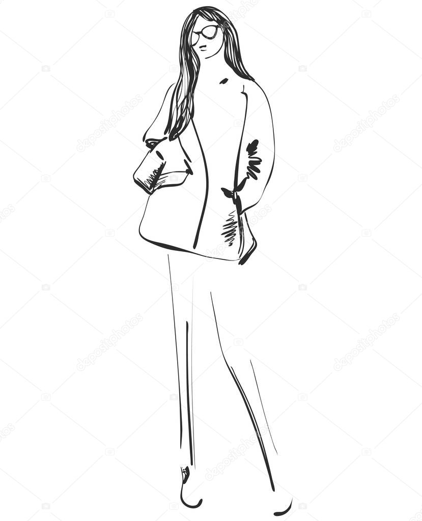 Beautiful young girl model for design. Fashion, style, beauty .Graphic, sketch drawing.