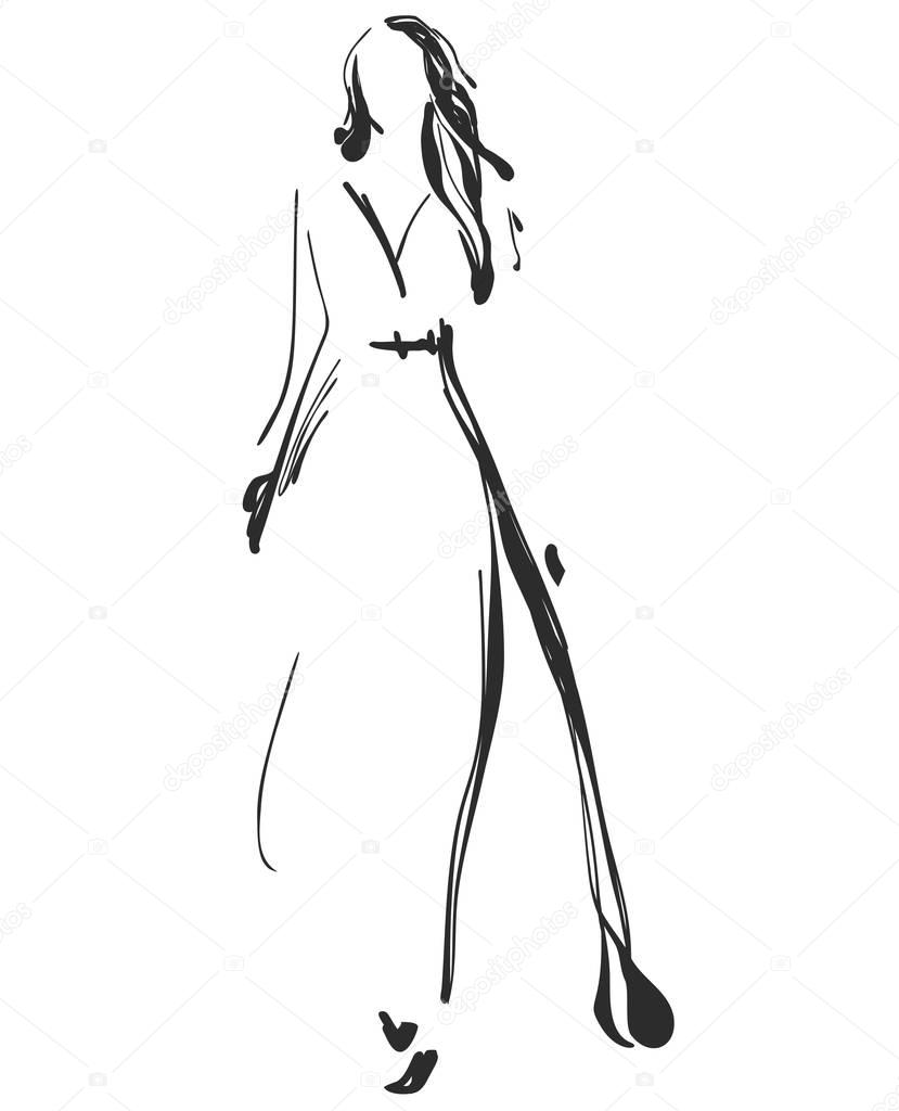Beautiful young girl model for design. Fashion, style, beauty .Graphic, sketch drawing.